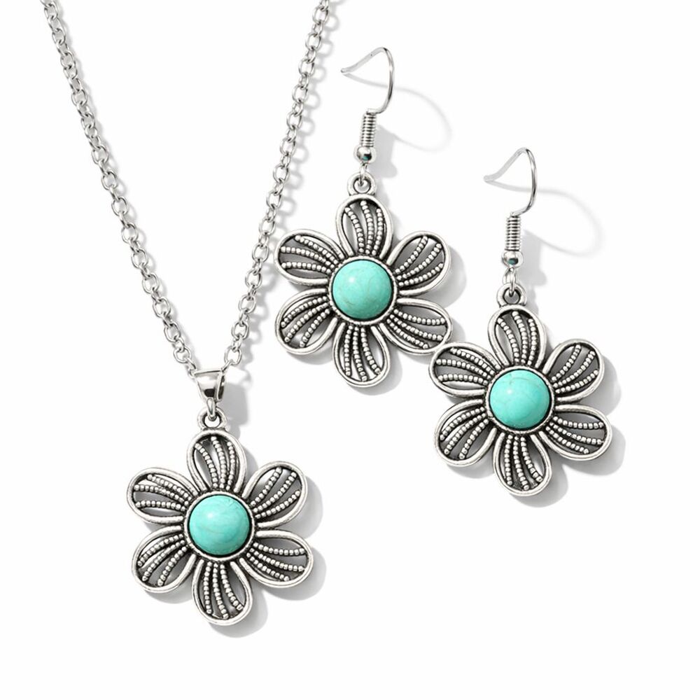 Flower Necklace Earrings Jewelry Set Silver Tone Teal Blue Floral 14.5" - 16.5"